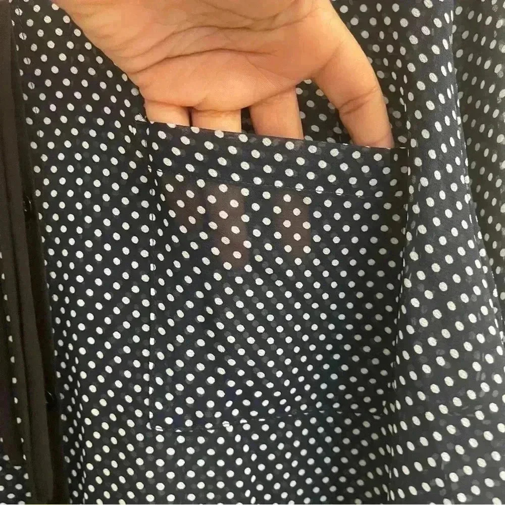 Sheer Button Down Polka Dot Blouse with Bow (Navy Blue, Black and White) - Picture 5 of 10
